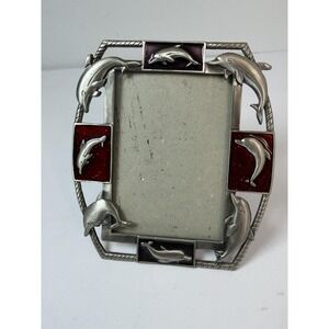 Dolphin Stand Up Table‎ Top Frame Silver Tone Red Enamel Accents Nautical 3.5x5